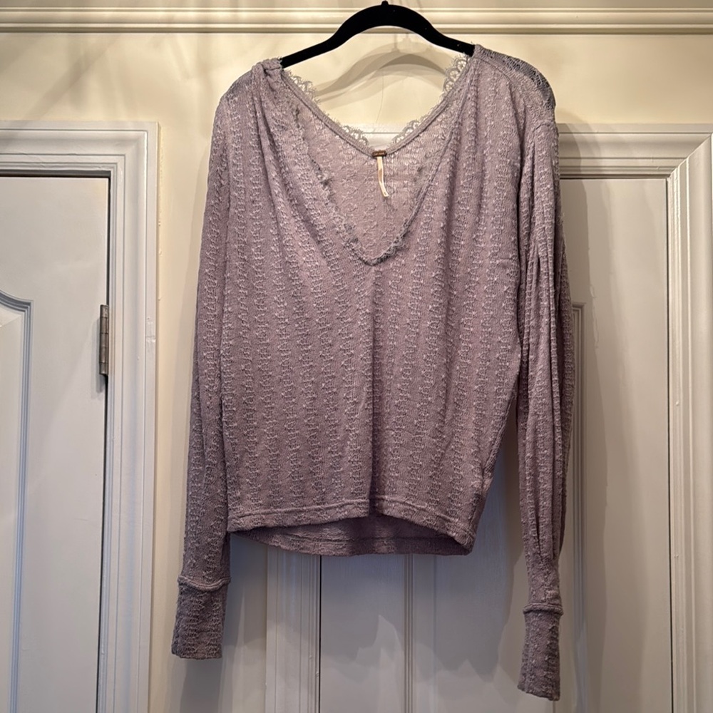 Free People Gray Ribbed Long Sleeve Sweater